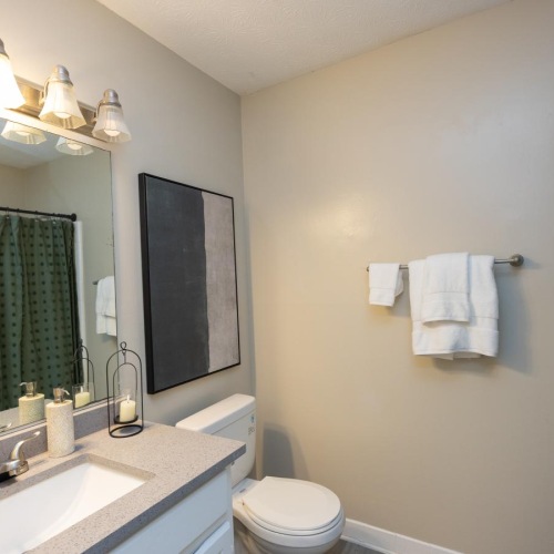 a bathroom with a sink toilet and mirror