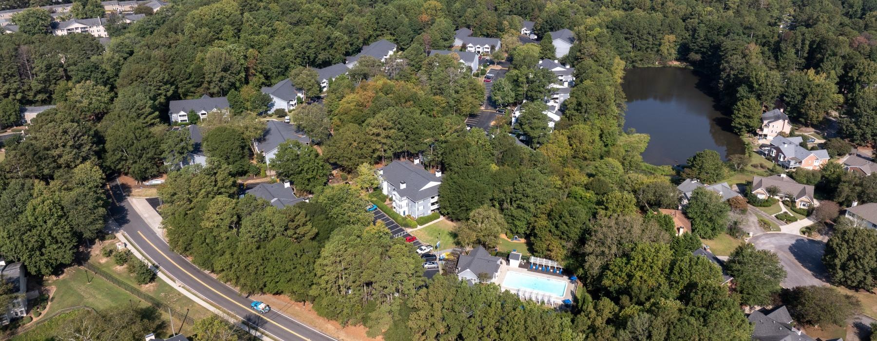 a landscape with trees and buildings